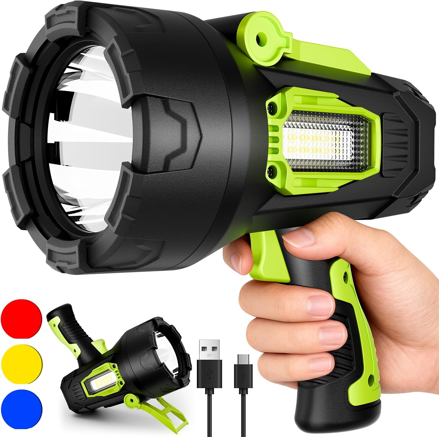 Rechargeable Handheld Spotlight with Side Work Light and Tripod