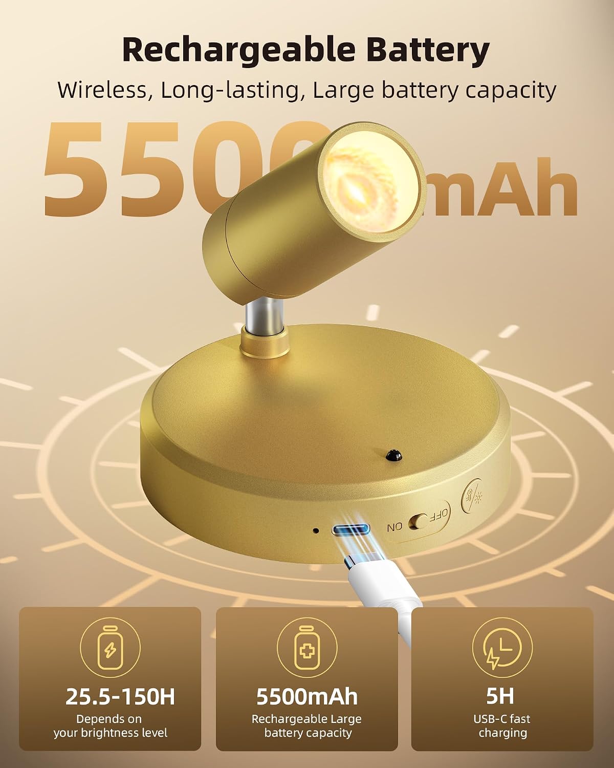 Rechargeable Indoor Accent Spotlights with Remote, Gold, 2 Pieces — view 2