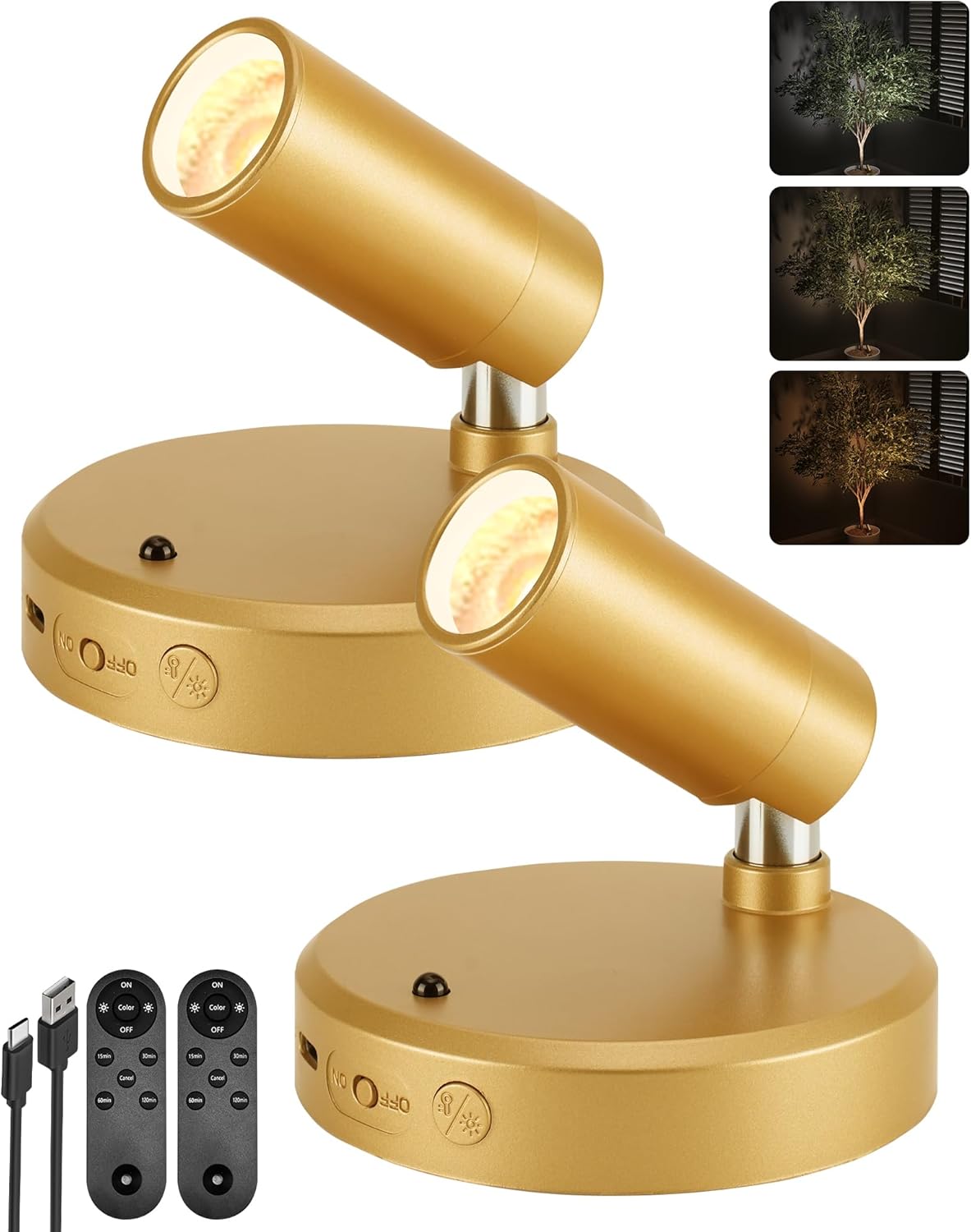 Rechargeable Indoor Accent Spotlights with Remote, Gold, 2 Pieces