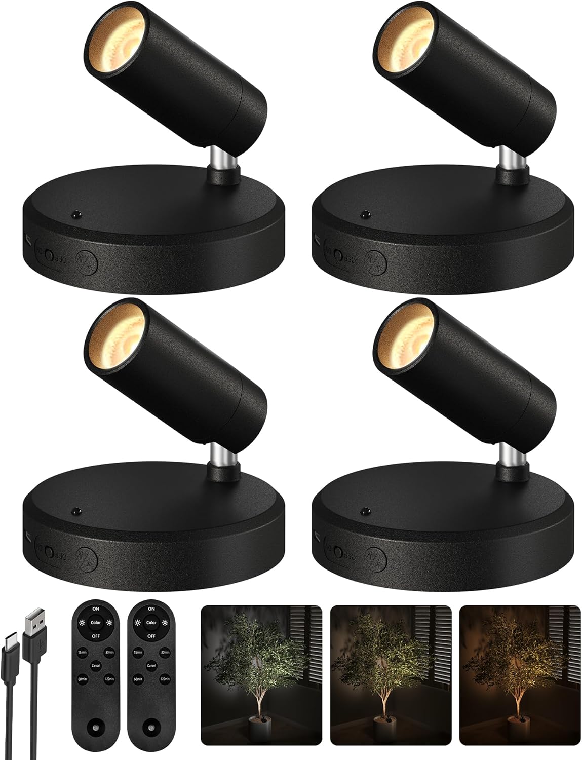 Rechargeable Picture Lights with Remote and Timer, Black, 4 Pieces