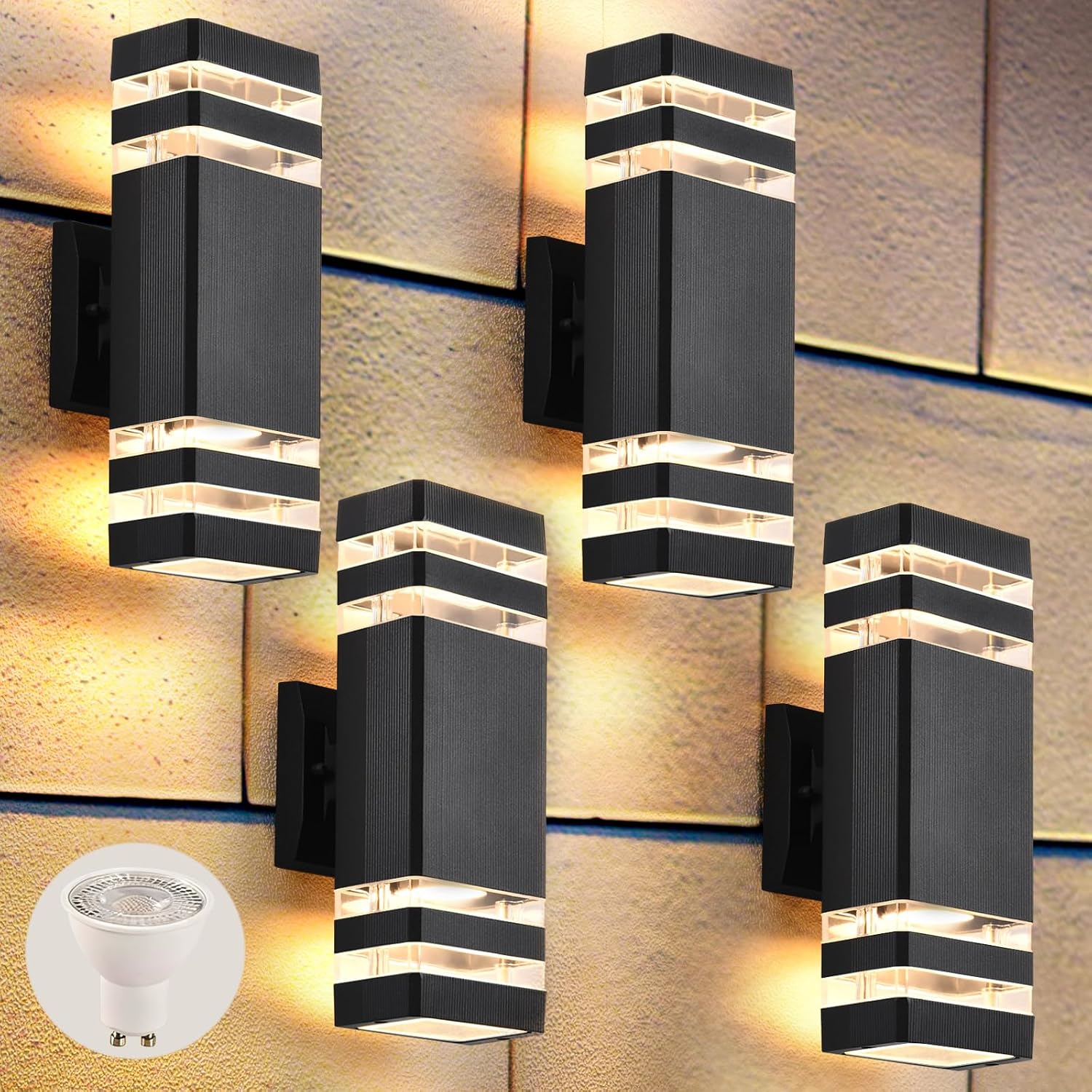 Up and Down Outdoor Wall Lights, Two Layer Black, 4 Pieces